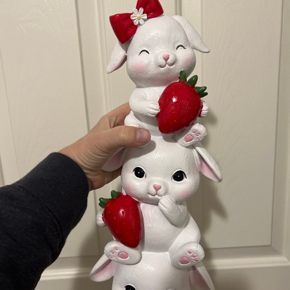 Cute White Bunny Figurine with Strawberries. Just under 18 inches! *1 available*